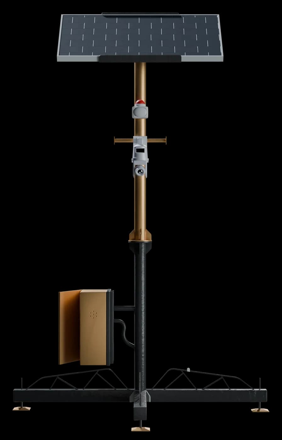 Terra Industries' Kallon sentry tower: a solar panel on a mast carrying PTZ cameras, with a battery enclosure on a tripod base